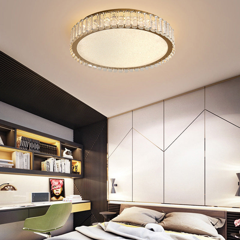 Modern Luxury LED Ceiling Light – Round Titanium & Crystal Flush Mount for Bedroom