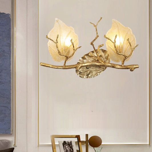 Contemporary Nordic Wall Sconce – 2-Light Copper Leaves Lamp with Tree Branch Base for Living Room
