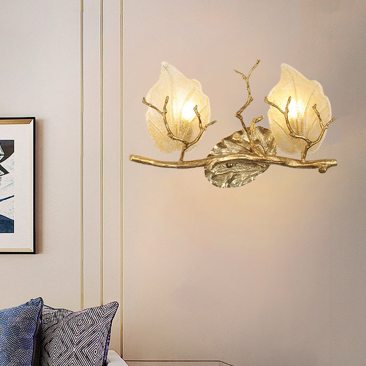 Contemporary Nordic Wall Sconce – 2-Light Copper Leaves Lamp with Tree Branch Base for Living Room