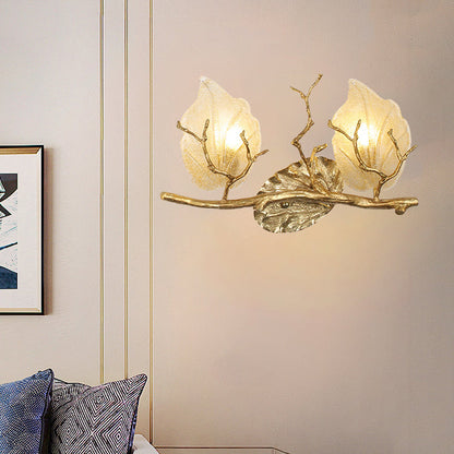 Contemporary Nordic Wall Sconce – 2-Light Copper Leaves Lamp with Tree Branch Base for Living Room