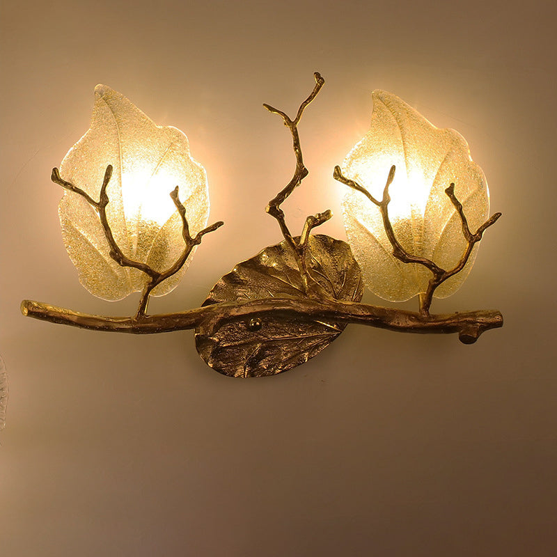 Contemporary Nordic Wall Sconce – 2-Light Copper Leaves Lamp with Tree Branch Base for Living Room