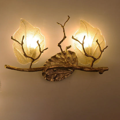 Contemporary Nordic Wall Sconce – 2-Light Copper Leaves Lamp with Tree Branch Base for Living Room