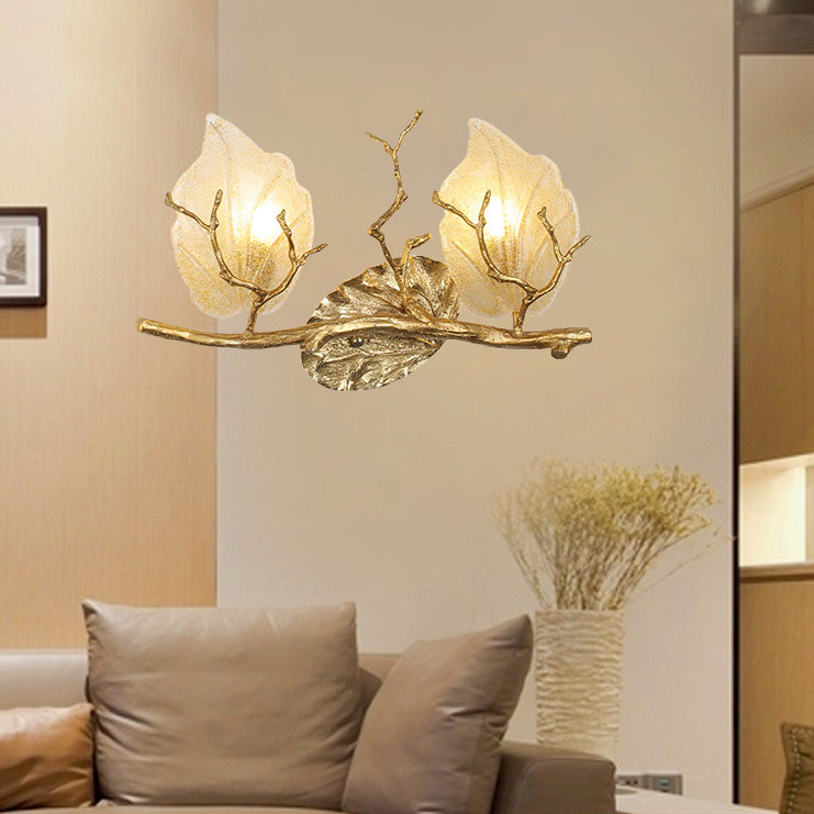 Contemporary Nordic Wall Sconce – 2-Light Copper Leaves Lamp with Tree Branch Base for Living Room