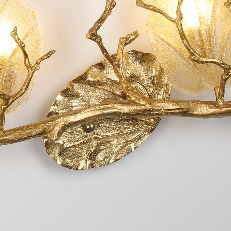 Contemporary Nordic Wall Sconce – 2-Light Copper Leaves Lamp with Tree Branch Base for Living Room