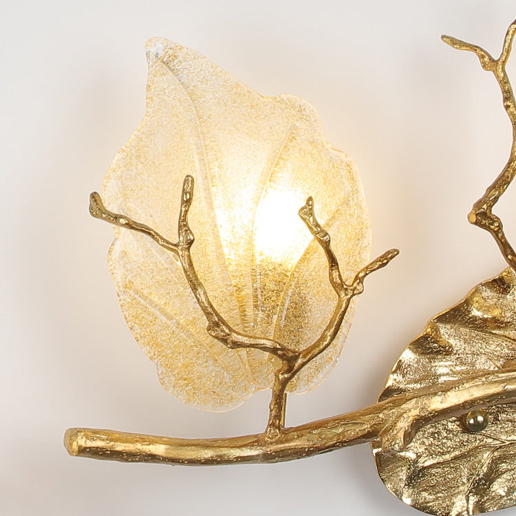 Contemporary Nordic Wall Sconce – 2-Light Copper Leaves Lamp with Tree Branch Base for Living Room