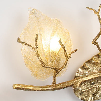 Contemporary Nordic Wall Sconce – 2-Light Copper Leaves Lamp with Tree Branch Base for Living Room
