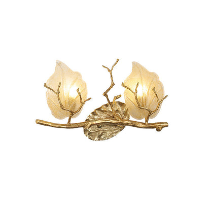 Contemporary Nordic Wall Sconce – 2-Light Copper Leaves Lamp with Tree Branch Base for Living Room