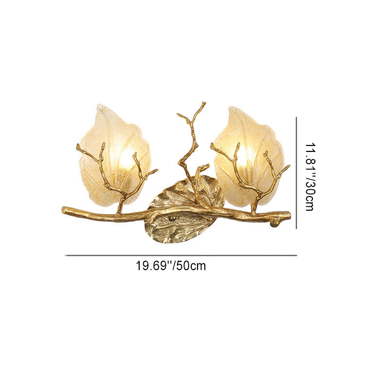 Contemporary Nordic Wall Sconce – 2-Light Copper Leaves Lamp with Tree Branch Base for Living Room