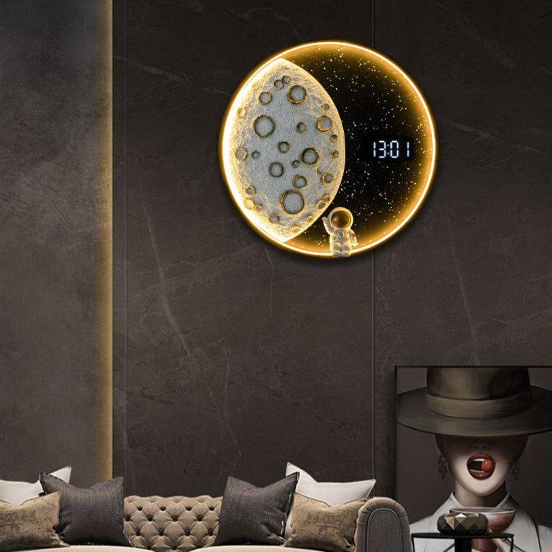 Contemporary Creative Wall Sconce – LED Moon-Inspired Round Lamp in Resin, Aluminum & Wood for Living Room