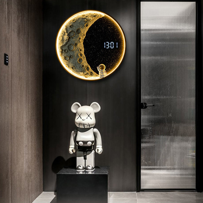 Contemporary Creative Wall Sconce – LED Moon-Inspired Round Lamp in Resin, Aluminum & Wood for Living Room