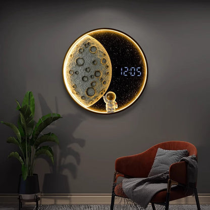 Contemporary Creative Wall Sconce – LED Moon-Inspired Round Lamp in Resin, Aluminum & Wood for Living Room