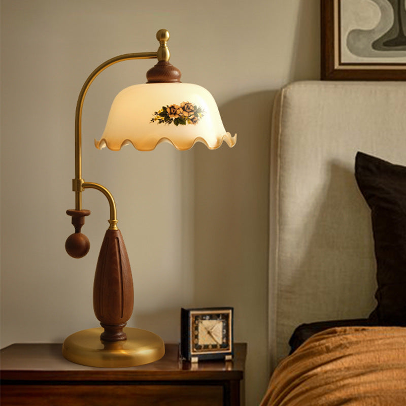 Traditional Vintage Dome Ash Wood Glass Metal 1-Light Table Lamp For Bedroom
