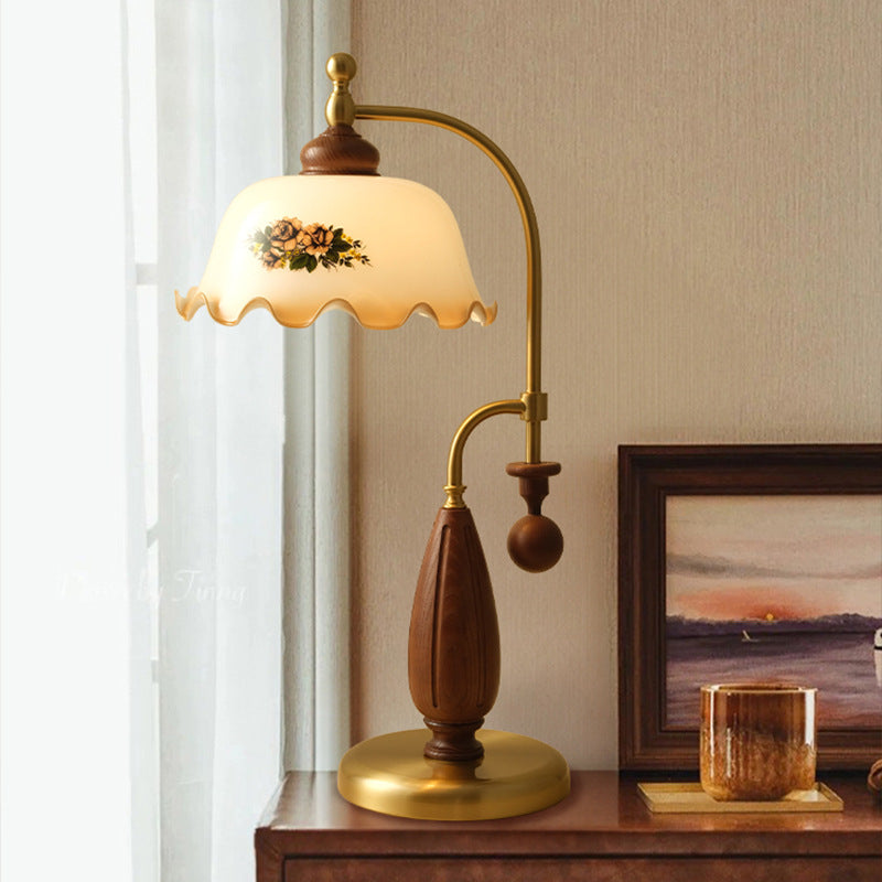 Traditional Vintage Dome Ash Wood Glass Metal 1-Light Table Lamp For Bedroom