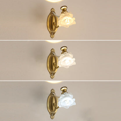 Traditional Vintage Flower Pearl Brass Glass 1-Light Wall Sconce Lamp For Bedroom