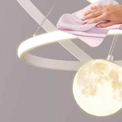 Contemporary Nordic Moon Circle PVC Iron LED Chandelier For Bedroom