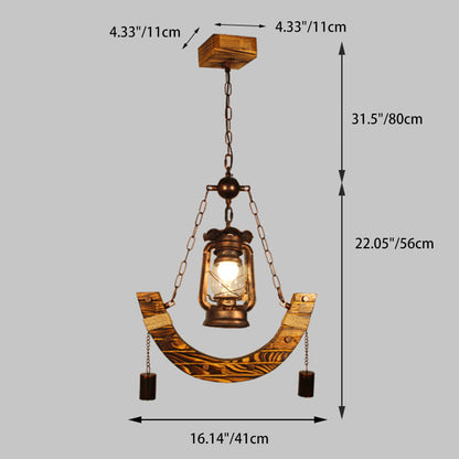 Traditional Rustic Curved Metal Solid Wood 1-Light Pendant Light For Living Room
