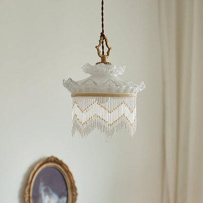 Traditional Rustic Crown Tassel Dome Glass Copper 1-Light Pendant Light For Bedroom