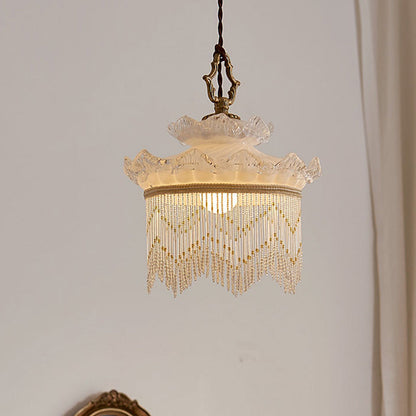 Traditional Rustic Crown Tassel Dome Glass Copper 1-Light Pendant Light For Bedroom