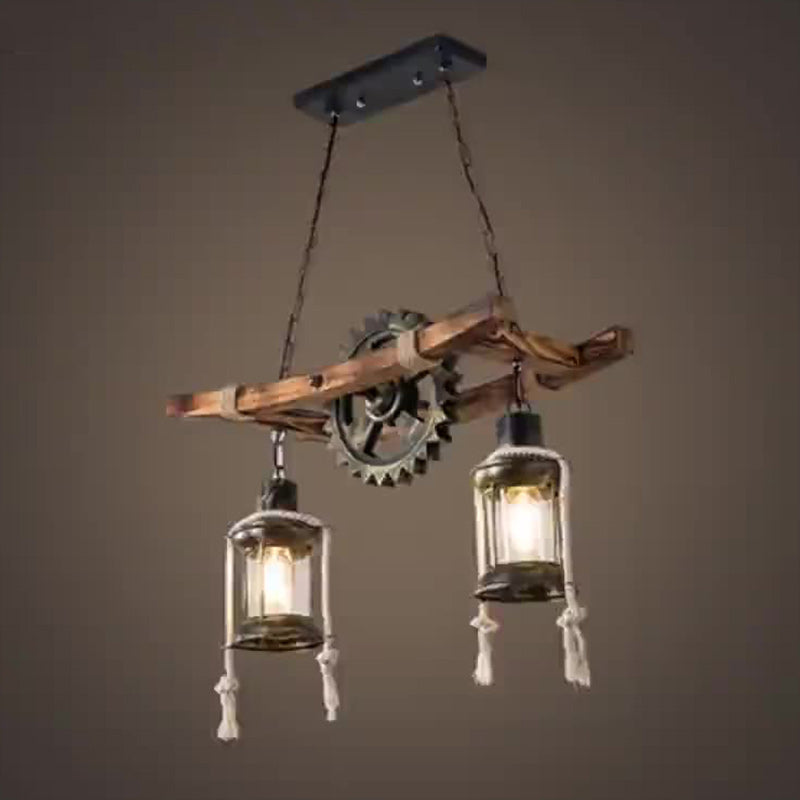 Contemporary Industrial Cylinders Solid Wood Iron 2-Light Chandelier Island Light For Dining Room
