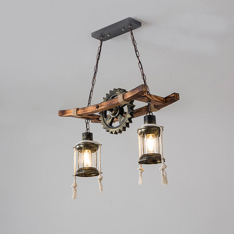 Contemporary Industrial Cylinders Solid Wood Iron 2-Light Chandelier Island Light For Dining Room