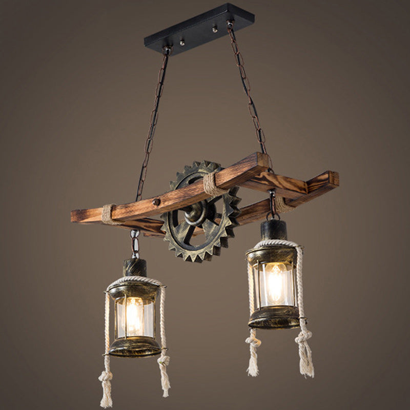 Contemporary Industrial Cylinders Solid Wood Iron 2-Light Chandelier Island Light For Dining Room