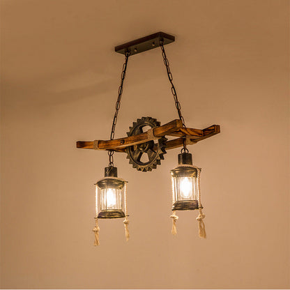 Contemporary Industrial Cylinders Solid Wood Iron 2-Light Chandelier Island Light For Dining Room