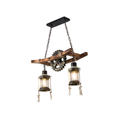 Contemporary Industrial Cylinders Solid Wood Iron 2-Light Chandelier Island Light For Dining Room