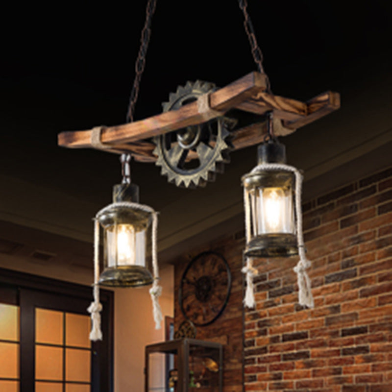 Contemporary Industrial Cylinders Solid Wood Iron 2-Light Chandelier Island Light For Dining Room
