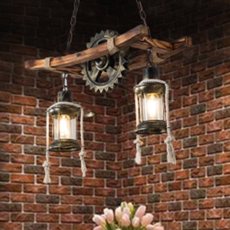 Contemporary Industrial Cylinders Solid Wood Iron 2-Light Chandelier Island Light For Dining Room