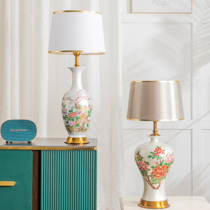Traditional Chinese Ceramic Table Lamp with Tapered Fabric Shade, Metal Base, 1-Light for Bedroom or Living Room
