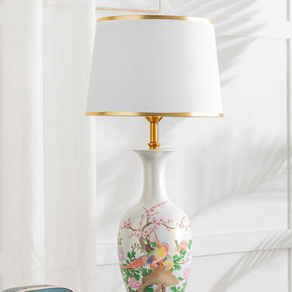 Traditional Chinese Ceramic Table Lamp with Tapered Fabric Shade, Metal Base, 1-Light for Bedroom or Living Room