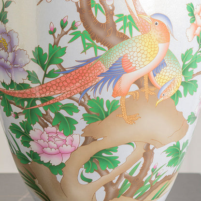 Traditional Chinese Ceramic Table Lamp with Tapered Fabric Shade, Metal Base, 1-Light for Bedroom or Living Room