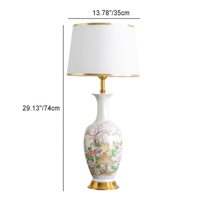 Traditional Chinese Ceramic Table Lamp with Tapered Fabric Shade, Metal Base, 1-Light for Bedroom or Living Room