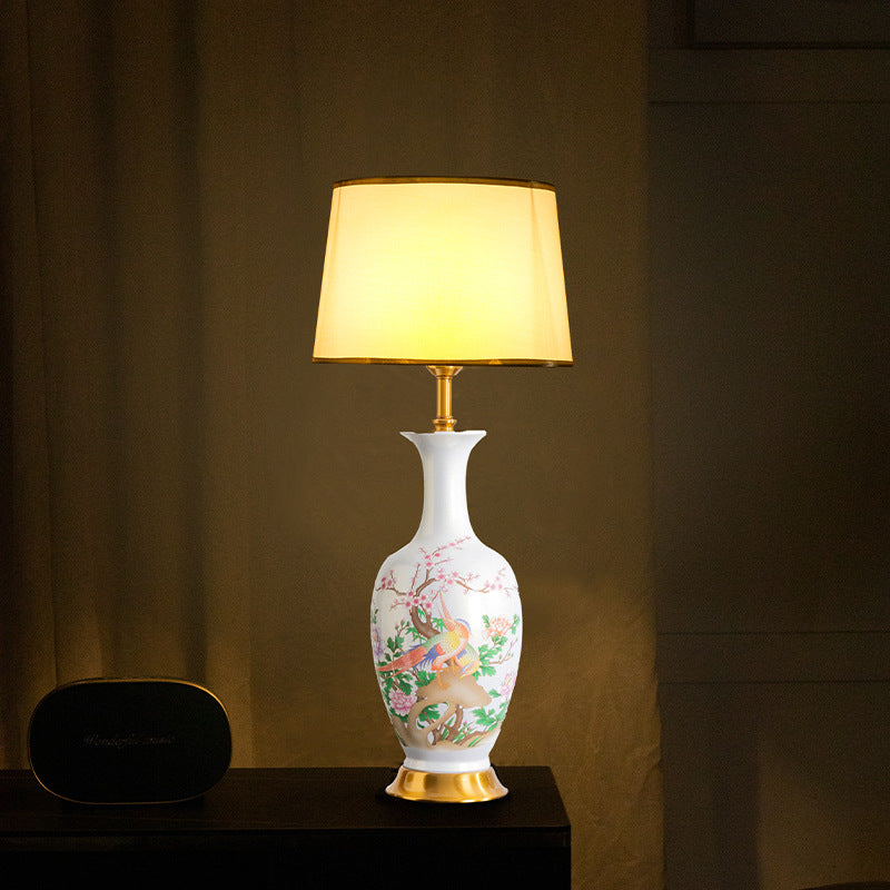 Traditional Chinese Ceramic Table Lamp with Tapered Fabric Shade, Metal Base, 1-Light for Bedroom or Living Room