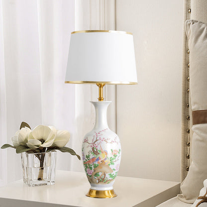 Traditional Chinese Ceramic Table Lamp with Tapered Fabric Shade, Metal Base, 1-Light for Bedroom or Living Room