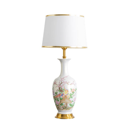 Traditional Chinese Ceramic Table Lamp with Tapered Fabric Shade, Metal Base, 1-Light for Bedroom or Living Room