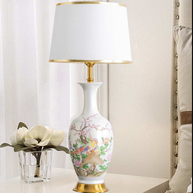 Traditional Chinese Ceramic Table Lamp with Tapered Fabric Shade, Metal Base, 1-Light for Bedroom or Living Room