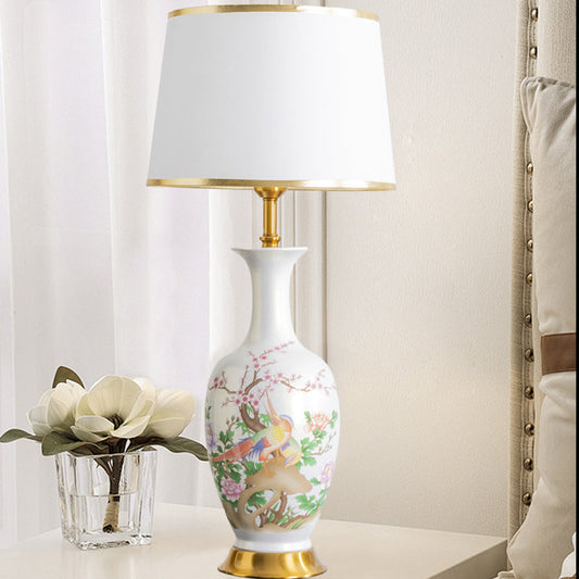 Traditional Chinese Ceramic Table Lamp with Tapered Fabric Shade, Metal Base, 1-Light for Bedroom or Living Room
