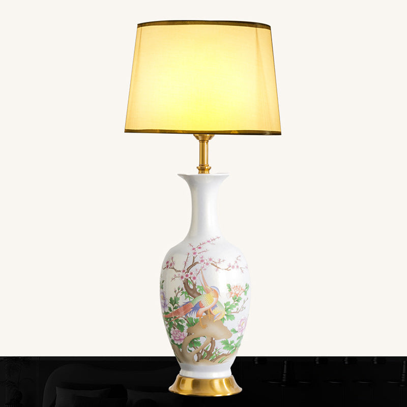 Traditional Chinese Ceramic Table Lamp with Tapered Fabric Shade, Metal Base, 1-Light for Bedroom or Living Room