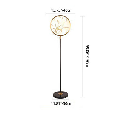 Traditional Chinese Bamboo Leaf Round Shade in Metal & Glass LED Standing Floor Lamp For Living Room