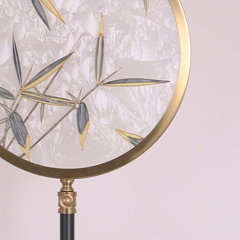 Traditional Chinese Bamboo Leaf Round Shade in Metal & Glass LED Standing Floor Lamp For Living Room