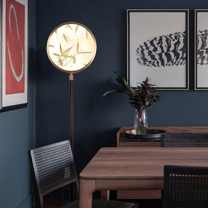 Traditional Chinese Bamboo Leaf Round Shade in Metal & Glass LED Standing Floor Lamp For Living Room