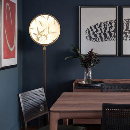 Traditional Chinese Bamboo Leaf Round Shade in Metal & Glass LED Standing Floor Lamp For Living Room
