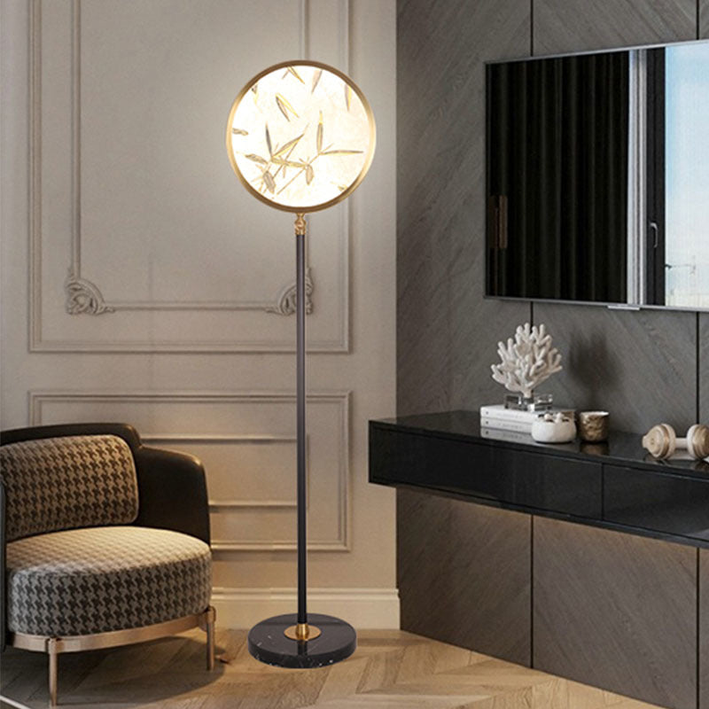 Traditional Chinese Bamboo Leaf Round Shade in Metal & Glass LED Standing Floor Lamp For Living Room