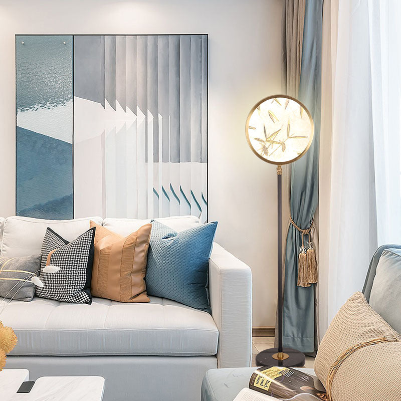 Traditional Chinese Bamboo Leaf Round Shade in Metal & Glass LED Standing Floor Lamp For Living Room