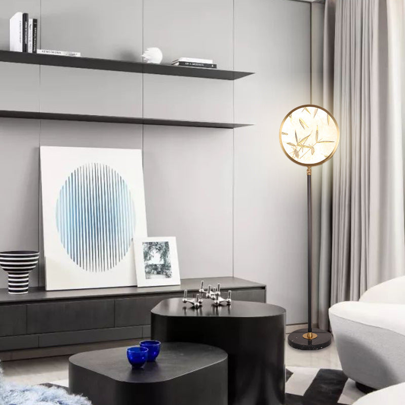 Traditional Chinese Bamboo Leaf Round Shade in Metal & Glass LED Standing Floor Lamp For Living Room