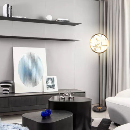 Traditional Chinese Bamboo Leaf Round Shade in Metal & Glass LED Standing Floor Lamp For Living Room