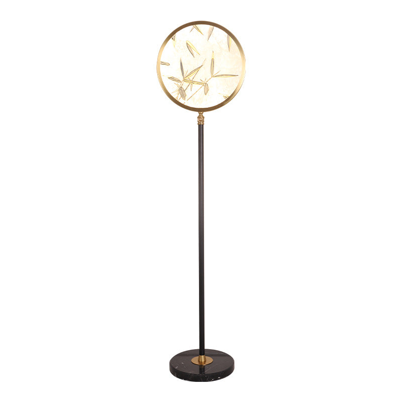 Traditional Chinese Bamboo Leaf Round Shade in Metal & Glass LED Standing Floor Lamp For Living Room