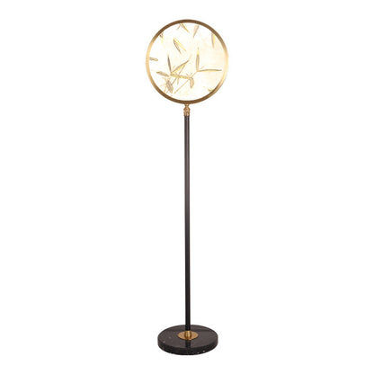 Traditional Chinese Bamboo Leaf Round Shade in Metal & Glass LED Standing Floor Lamp For Living Room