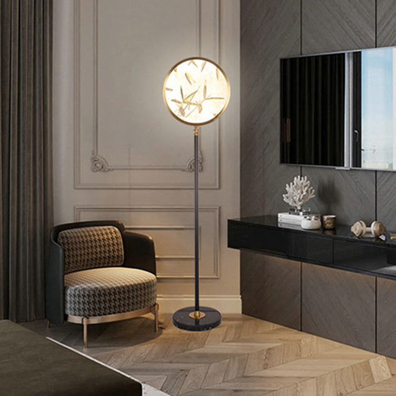 Traditional Chinese Bamboo Leaf Round Shade in Metal & Glass LED Standing Floor Lamp For Living Room